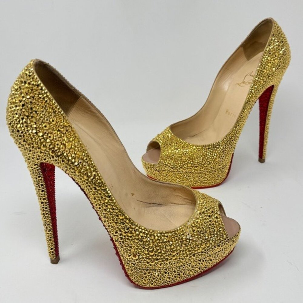 Christian Louboutin Lady Peep Heels in 24K Gold Swarovski Crystals Size 38.5